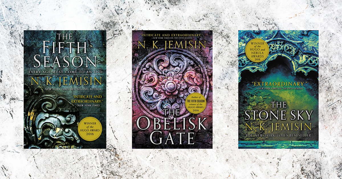The covers of The Fifth Season, The Obelisk Gate, and The Stone Sky